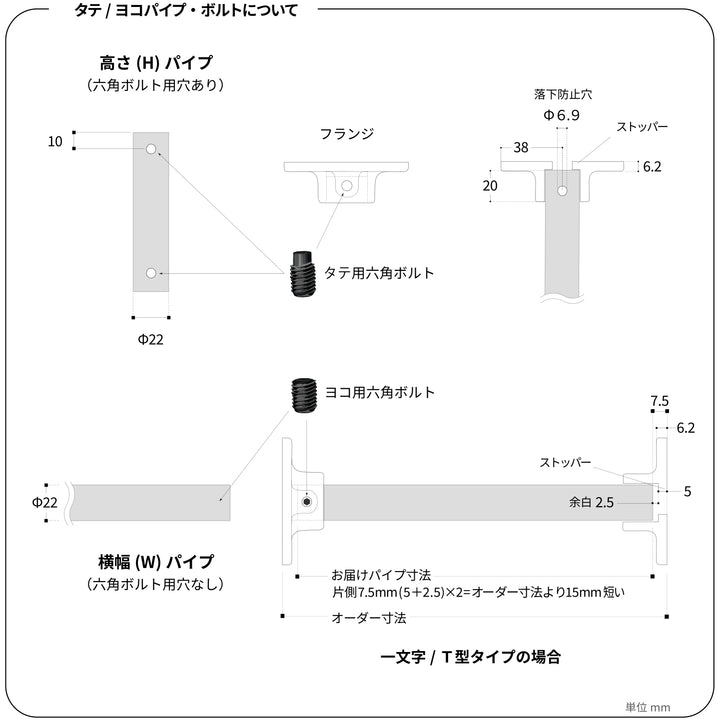 ハンガーパイプ 高さ(H)と横幅(W)パイプの固定方法。六角ボルトの種類と取り付け位置の詳細図。